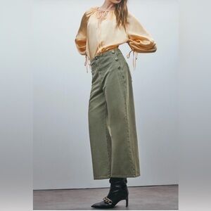 NWT Zara Wide Leg Cropped Olive denim pants SZ 6